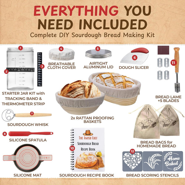 Complete Sourdough Bread Starter Kit, Glass Sourdough Starter Jar Kit & Tons of Sourdough Bread Baking Supplies - Sourdough Starter Kit Includes