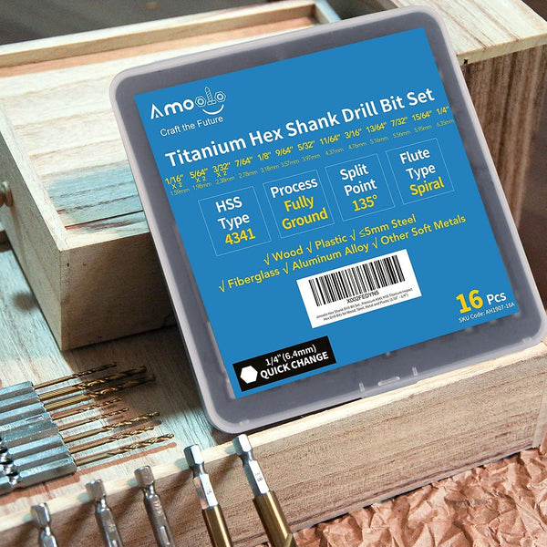 amoolo Hex Shank Drill Bit Set (13Pcs Set+3 Pcs Free), Premium 4341 HSS Titanium Impact Hex Drill Bits for Wood, Steel, Metal, Plastic, Quick