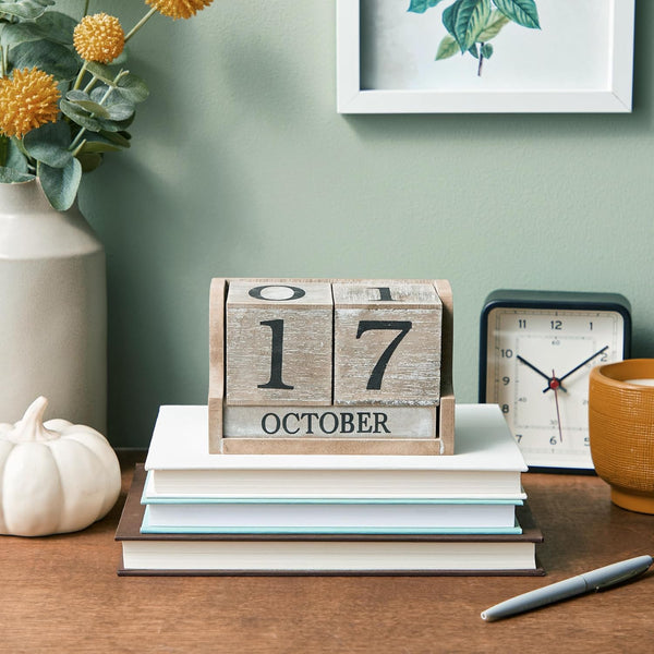 Wooden Perpetual Block Calendar for Desk, Wood Month Date Display Blocks for Teachers, Students, Classroom, Rustic Farmhouse Office Decor, Desk