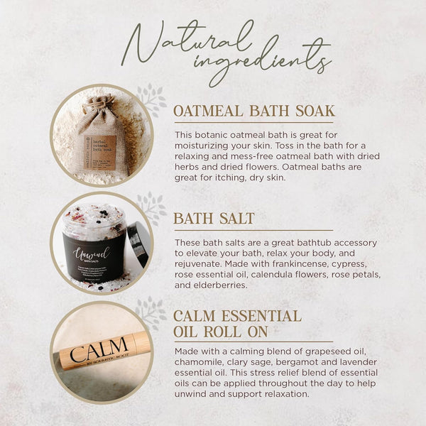 Relaxing Bath Gift Set, Luxury Spa Gifts for Women, Self Care Products for Women and Men, Calm Essential Oil Roller, Oatmeal Lavender Bath Soak &