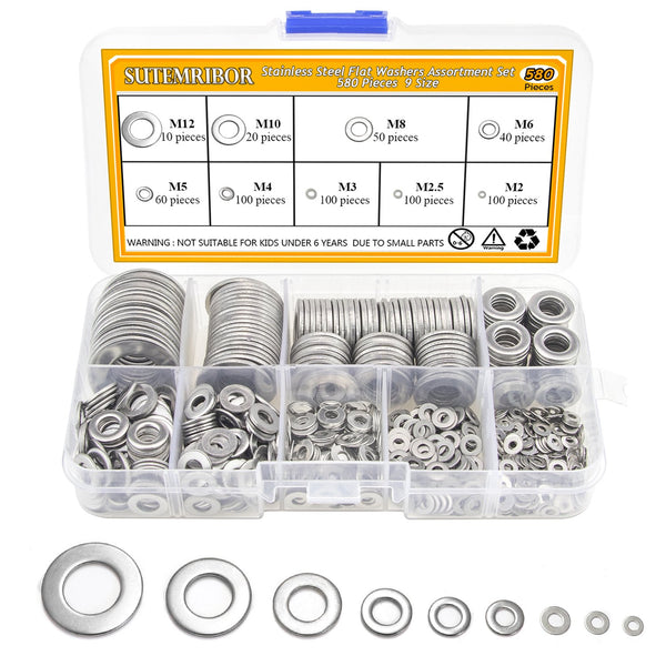 304 Stainless Steel Flat Washers Set 580 Pieces, 9 Sizes - M2 M2.5 M3 M4 M5 M6 M8 M10 M12