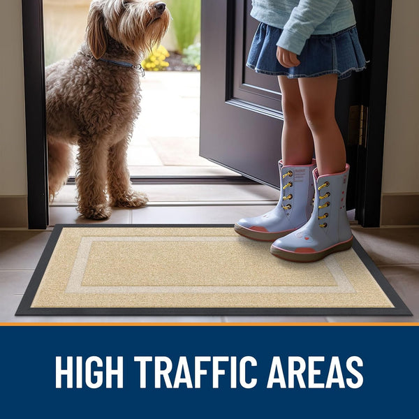 OLANLY Front Door Mat Outside 29.5x17, All-Season Heavy-Duty Rubber Doormat Beige Classic Border Rectangular 29.5" x 17"