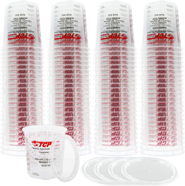 Custom Shop/TCP Global Full Case of 100 Quart (32oz) Paint Mixing Cups with 50 Lids - Cups are Calibrated with Multiple Mixing Ratios (1-1) (2-1)