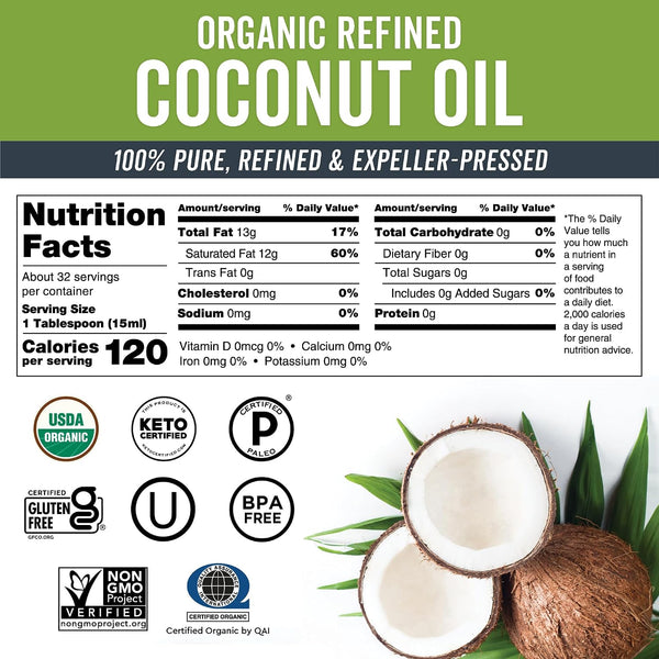 Viva Naturals Refined Coconut Oil, 16 fl oz – Expeller-Pressed, USDA Organic, Neutral Flavor & Aroma, Ideal for Cooking, Baking, Hair & Skin