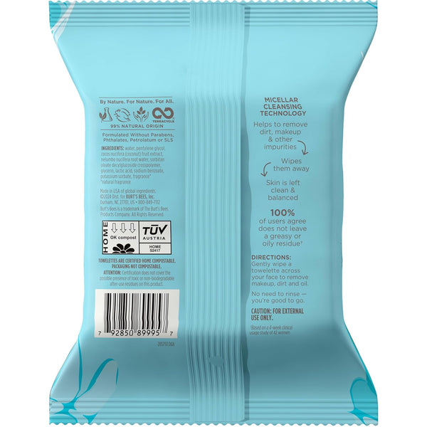 Burt'S Bees Micellar Facial Towelettes with Coconut and Lotus, Pre-Moistened Towelettes for All Skin Types, 99.5 Percent Natural Origin Skin Care,
