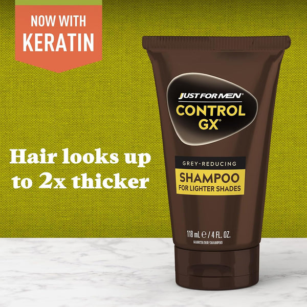 SHAMPOO Just for Men Control GX Grey Reducing for Lighter Shades of Hair, Blonde to Medium Brown, Gradual Hair Color with Keratin, 4 Fl Oz - Pack