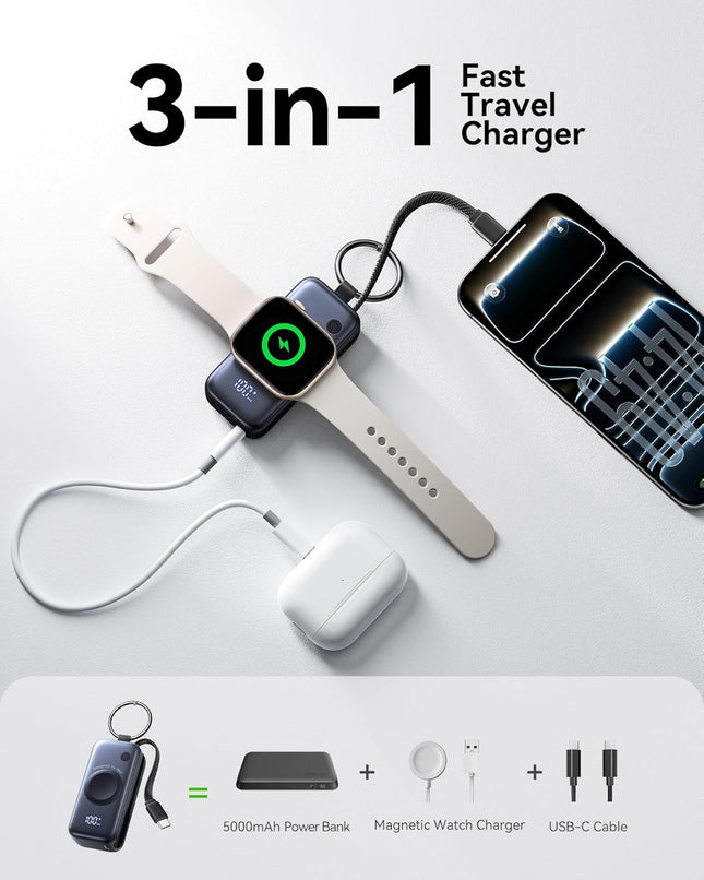 INIU 3-In-1 Portable Charger, Small 5000Mah Power Bank with Built-In USB C Cable and Watch Charger, 20W PD Fast Charging