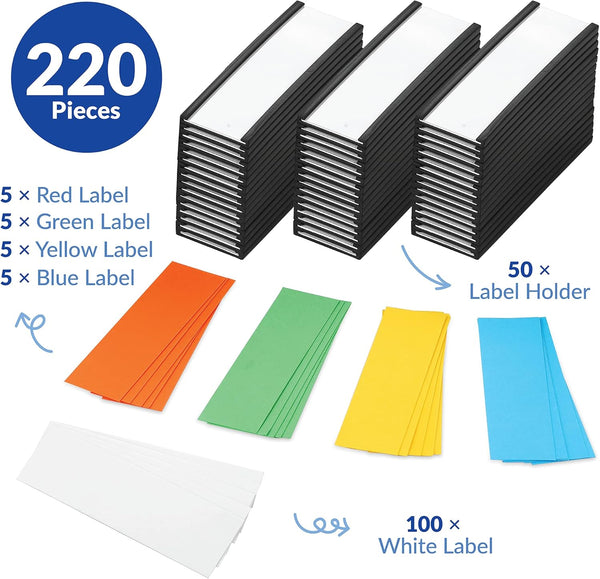 50 Pack "C" Channel Magnetic Label Holders 1X3 with 100 White Card Inserts, 50 Clear Plastic Protectors and Bonus 20 Colorful Cardstock Inserts in