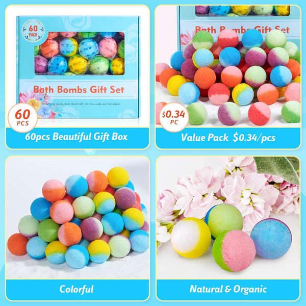 60 Pcs Bath Bombs Set - Massive Quantity Natural Bath Bombs for Kids/Women/Men Individually Wrapped Handmade Organic Bath Supplies Relaxing Kit -