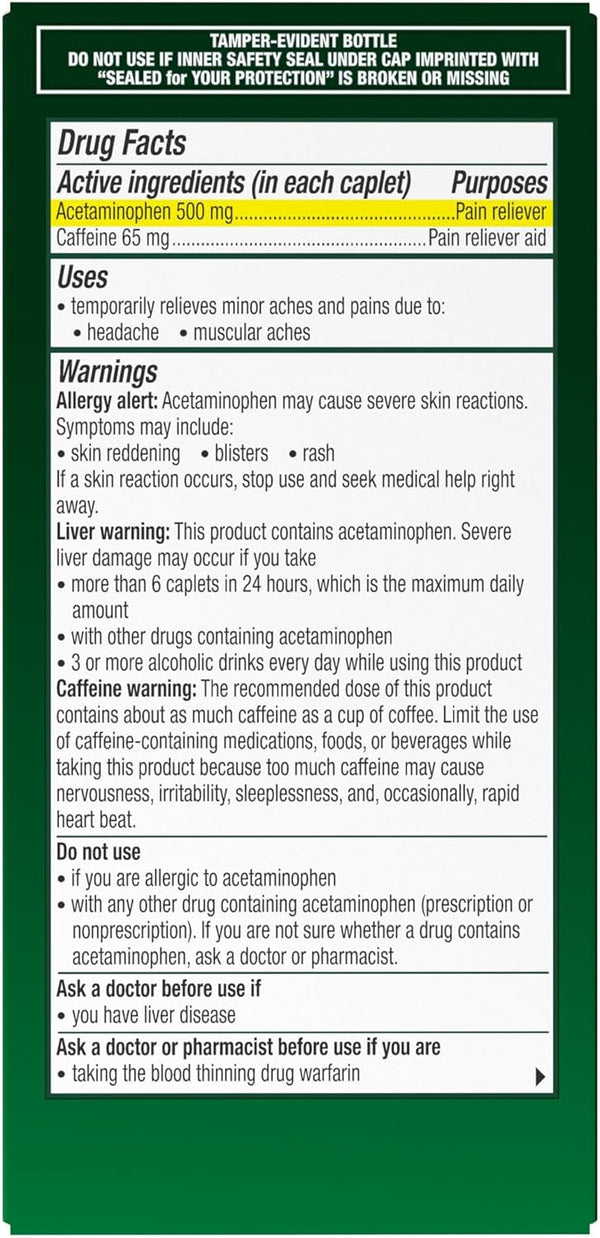 Excedrin Tension Headache Relief Caplets, Acetaminophen 500mg, Caffeine 65mg, Pain Reliever, Aspirin-Free, 100 Count