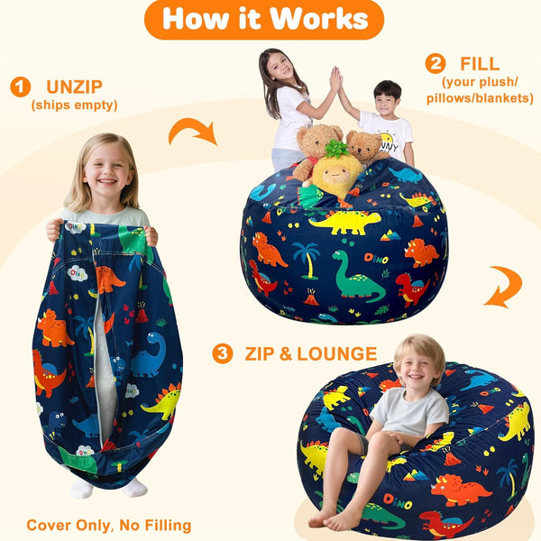 Lukeight Stuffed Animal Storage Bean Bag Chair Cover (No Filling) for Kids, Dinosaur Zipper Beanbag Chair Cover for Organizing Toddler and Kids