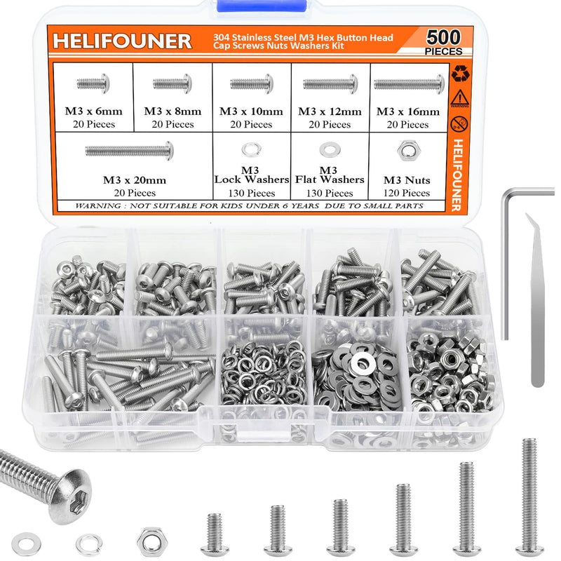 HELIFOUNER 500 Pieces M3 x 6mm /8mm /10mm /12mm /16mm /20mm, Hex Button Head Cap Metric Screws Bolts Washers Nuts Kit, 304 Stainless Steel