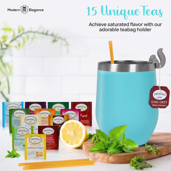Tea Gifts for Women â Sampler Gift Basket with 15 Unique Blends, Honey Sticks, Stainless Tumbler & Gift-Ready Box (Teal)