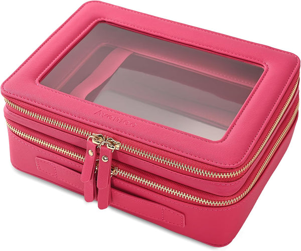 Aveniee XL Clear Makeup Organizer,Double Layer Travel Cosmetic Case with Brush Holder & Zippered Compartments,Big Toiletry Bag for Travel