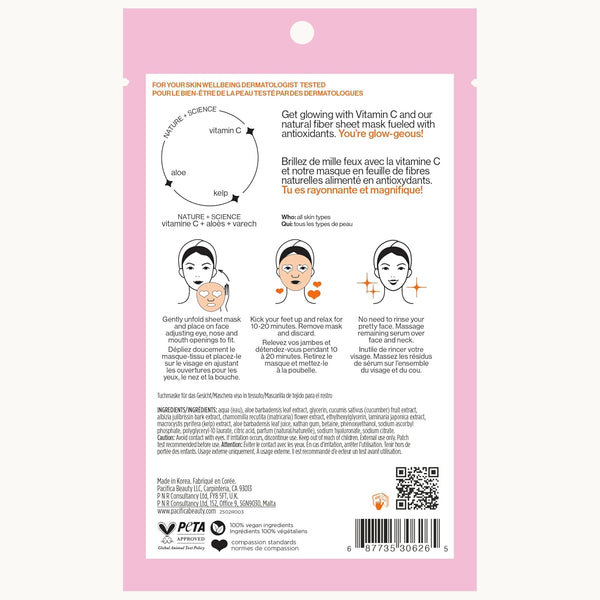 Pacifica Sheet Face Mask - Glow Baby Brightening Facial Mask W/Vitamin C, Aloe & Kelp Ã¢ÂÂ Cooling Mask for Dark Spots & Fine Lines - Clean Beauty