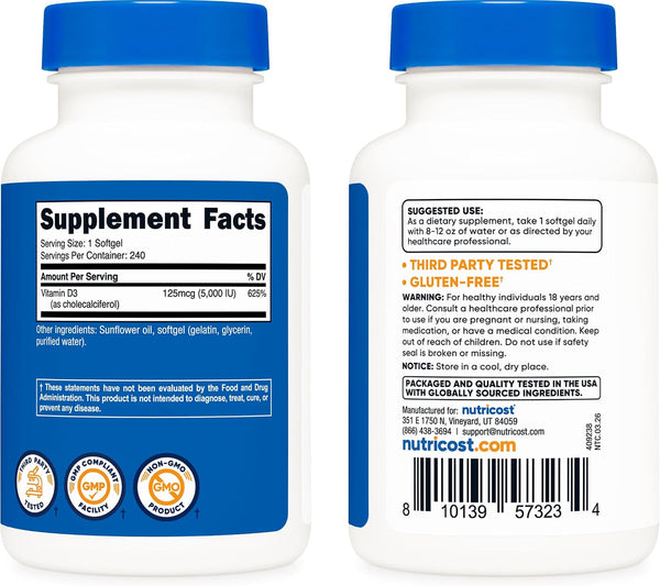 Nutricost Vitamin D3 5,000 IU (125mcg), 240 Softgels, GMO-Free 240 Count (Pack of 1)