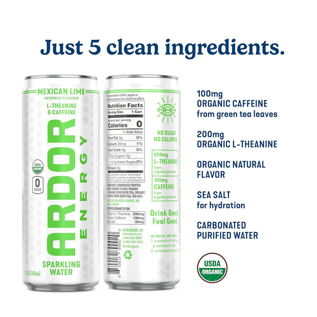 ARDOR ENERGY Sparkling Water 6 Pack Sampler. 100Mg Organic Caffeine from Green Tea & 200Mg Organic L-Theanine (Focus & C