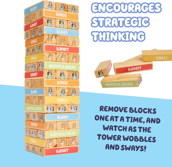 Bluey 8th Wonder Stackable Tumbling Tower Game, Robust Wooden Stacking Game with 54 Illustrated Colored Blocks, Fun Balancing Toy for Kids Ages 3+