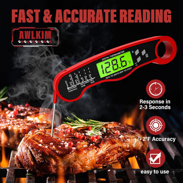 AWLKIM Meat Thermometer Digital, Instant Read Food Thermometer, Red | Waterproof cooking thermometer with doneness chart, backlight, F/C switch