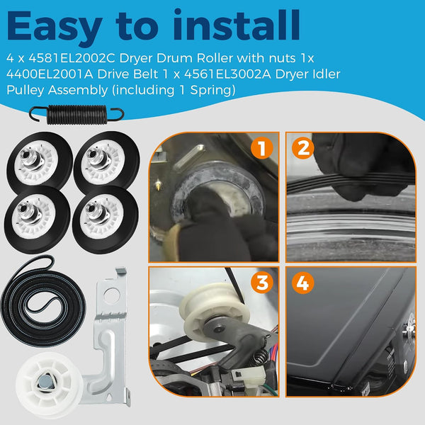 Romalon Dryer Repair Roller kit for Kenmore LG 4581EL2002C Roller Assembly 4561EL3002A Idler Pulley Assembly and 4400EL2001A (4400EL2001F) Dryer Belt