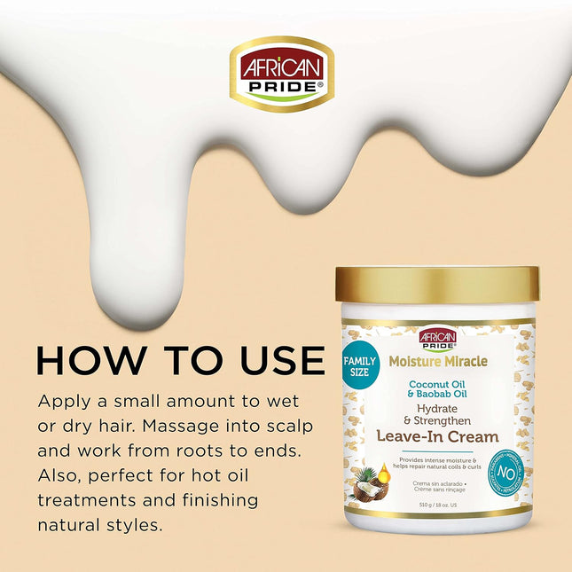 African Pride Moisture Miracle Coconut Oil & Baobab Oil Leave-In Hair Cream - Provides Intense Moisture & Helps Repair N