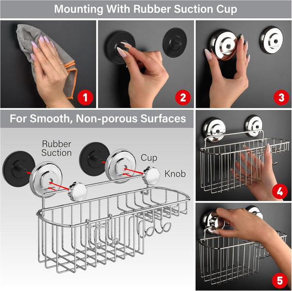 HASKO Suction Cup Shower Caddy Basket for Shampoo, Shower Suction Shelf Organizer, Basket with Soap Holder and Hooks, Stainless Steel Shampoo