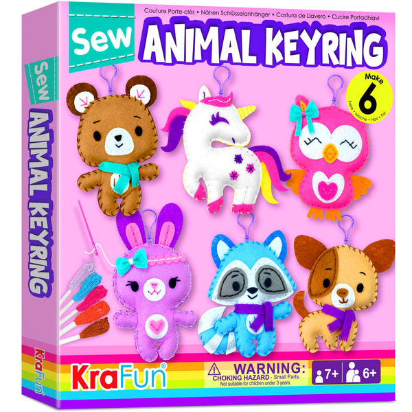KRAFUN Unicorn Sewing Keyring Kit for Kids Age 7 8 9 10 11 12 Learn Art & Craft, Includes 6 Stuffed Animal Bear, Dog, Rabbit, Raccoon, Owl Dolls,