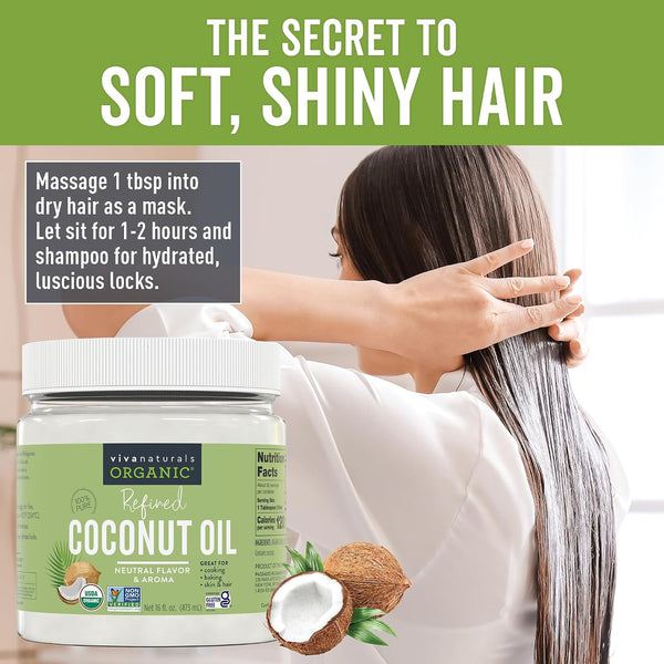 Viva Naturals Refined Coconut Oil, 16 fl oz – Expeller-Pressed, USDA Organic, Neutral Flavor & Aroma, Ideal for Cooking, Baking, Hair & Skin