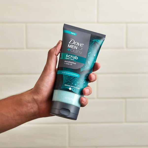 DOVE MEN + CARE Body and Face Scrub Eucalyptus Deeply Exfoliates for Hydrated & Nourished Skin 100% Gentle Cleanser, No Sulfate Cleansers or