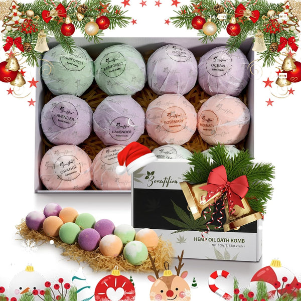 Hemp Oil Bath Bombs Gift Set Natural Refreshing Bubble Bath Kit with 6 Relaxing Scents Made from Pure Essential Oil for Bubble and Spa Bath,