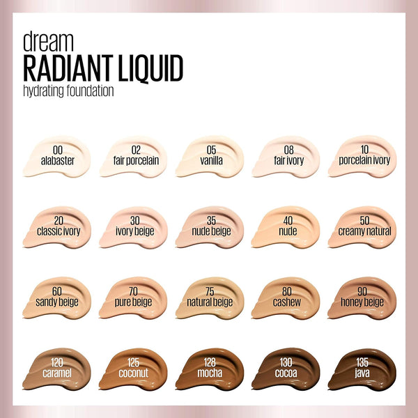 Maybelline Dream Radiant Liquid Medium Coverage Hydrating Makeup, Lightweight Liquid Foundation, Coconut, 1 Count