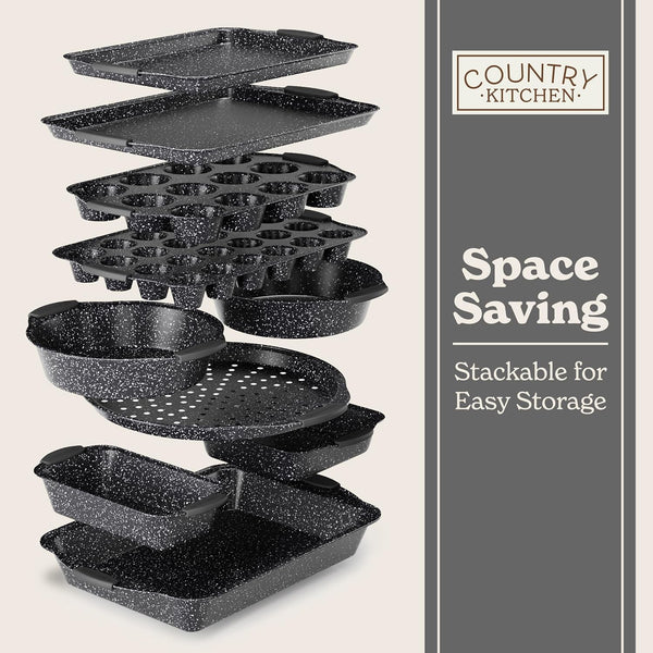 Country Kitchen Nonstick Stackable Bakeware Set - Durable, Easy Release Baking Set, Black, 10 Pcs Black - 10 Pcs