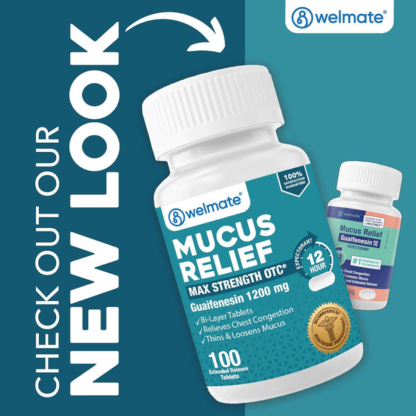 WELMATE Guaifenesin 1200 mg Mucus Relief, Maximum Strength, 100 Count | Extended-Release Expectorant Tablets, 12 Hour Chest Congestion Relief,