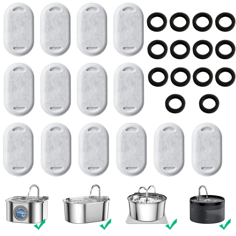 Cat Water Fountain Replacement Filters - 28 Pack Triple Action With Carbon Filter and Pre-Filter Sponges (14 Filters & 14 Sponges) for Pet Water