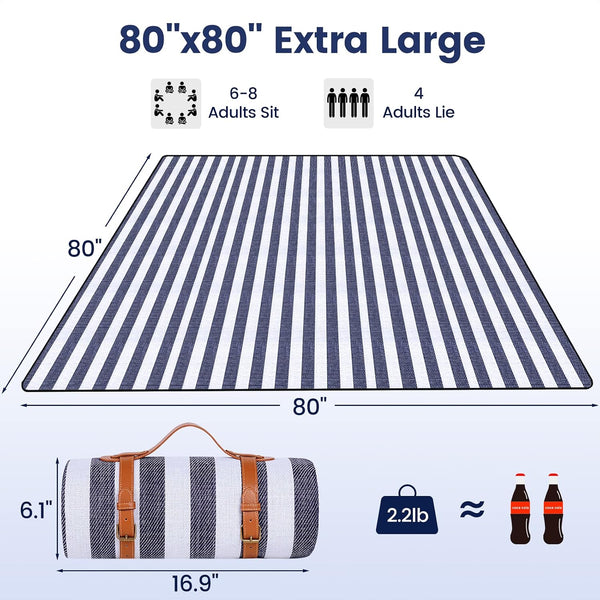 Sapsisel 80”X 80” Picnic Blanket Extra Large, Waterproof and Foldable Beach Blanket, 3-Layer Outdoor Blanket for 6 to 8 Adults, for Camping, Park,