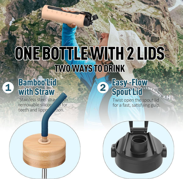 32oz Glass Water Bottle with Straw and 2 Lids- Bamboo and Spout Lid,Motivational Sports Water Bottle with Silicone Sleeve and Time Marker,Reusable