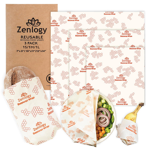 Zenlogy Reusable Beeswax Food Storage Wrap, Eco Friendly Alternative, Sustainable Organic Cut to Size Cotton Beeswax Wraps, 3 Pack (13" X 14", 10