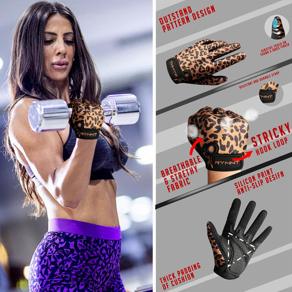 Full Finger Workout Gloves Women Men - Weight Lifting Gloves Full Palm Grip 0Leopard Large