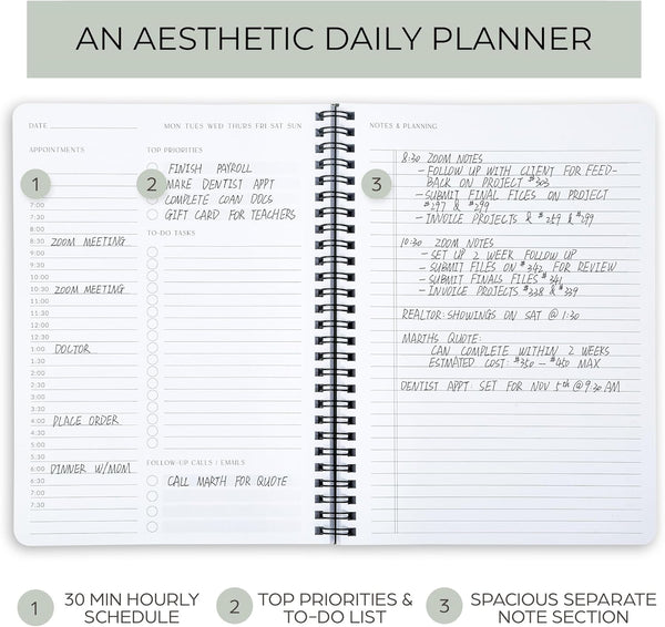 Beautiful Daily Planner and Notebook with Hourly Schedule - Aesthetic Spiral to Do List Notepad to Easily Organize Your Work Tasks and