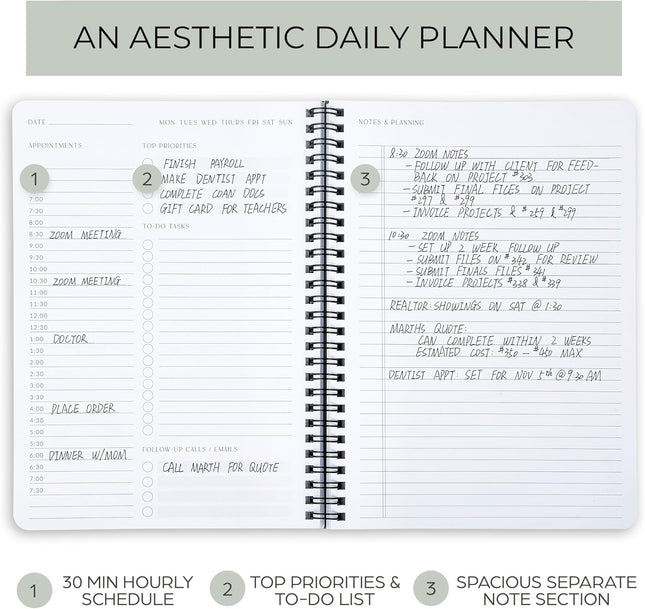 Beautiful Daily Planner and Notebook with Hourly Schedule - Aesthetic Spiral to 