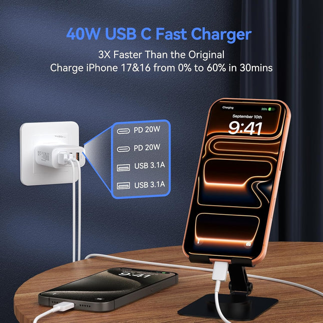 USB C Wall Fast Charger Block, 40W 4-Port Type C Charger Fast Charging Blocks PD Power Charger Adapter+Qc 3.0 USB Multip