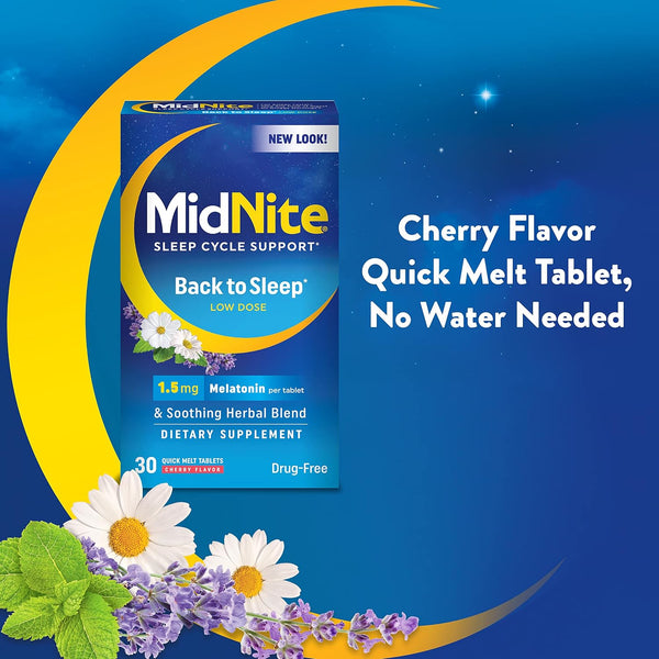 MidNite Back to Sleep Low Dose, 1.5 mg Melatonin Sleep Aid, Non-Habit Forming, Herbal Dietary Supplement for Adults, Drug-Free, Gluten-Free &
