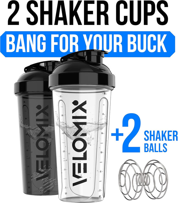 VELOMIX -2 Pack- 28 oz Protein Shaker Bottles for Protein Mixes - 2x Wire Whisk | Leak Proof Shaker Cups for Protein Shakes | Protein Shaker