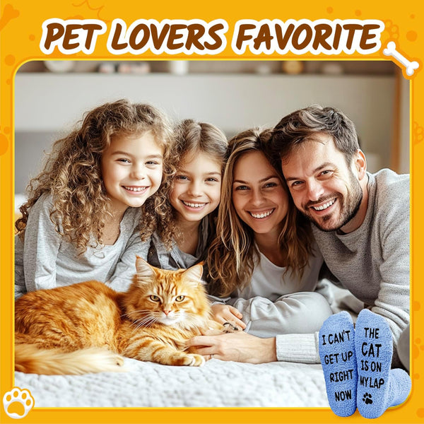 HAPPYPOP Cat Lover Gifts - Funny Fuzzy Novelty Socks for Cat Mom Dad Lovers Women Men Cat on Lap Blue