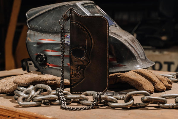 House of Jack Co. Skull Grommet Long Bifold Wallet for Men, Add Your Chain Biker Wallet, Full Grain Cowhide Leather Wallet, Black