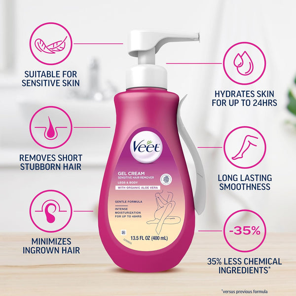 Hair Remover, Veet Gel Hair Removal Cream Sensitive, 13.5 Ounce, Sensitive Formula with Aloe Vera and Vitamin E (Pack of 1)