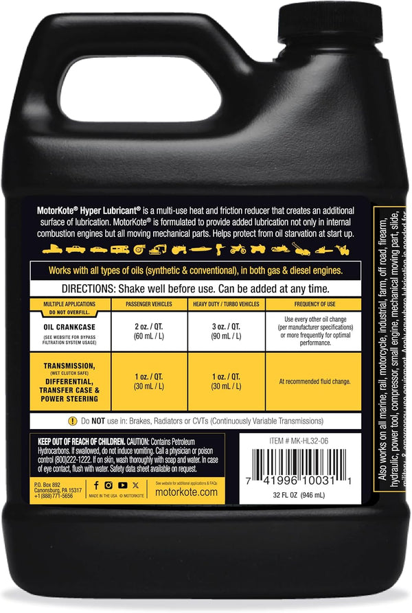 Motorkote MK-HL32-06 Heavy Duty Hyper Lubricant Engine Treatment, 32-Ounce, Single, Black 1-Pack Lubricant 32 Fluid Ounces