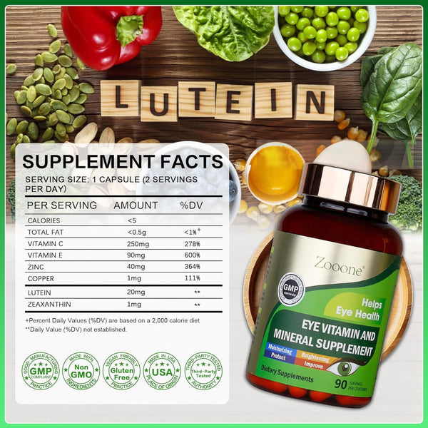 Zooone- 90Pcs Lutein Eye Vitamins Supplement for Macular Health and Dry Eye, Contains Lutein, Zinc, Vitamins C/E & Zeaxanthin to Support Eye Health