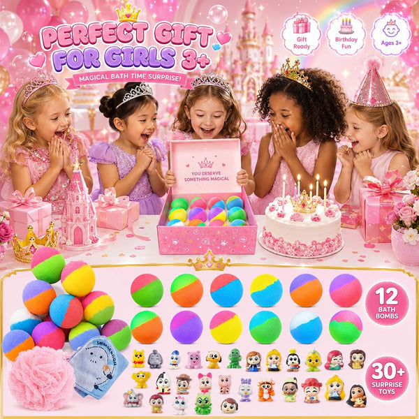 Bath Bombs for Kids: 12 Pcs Princess Bath Bombs with Toys Inside, Kids Bath Bomb Rich in Natural Essential Oils, Organic Bath Bomb Gift Set for