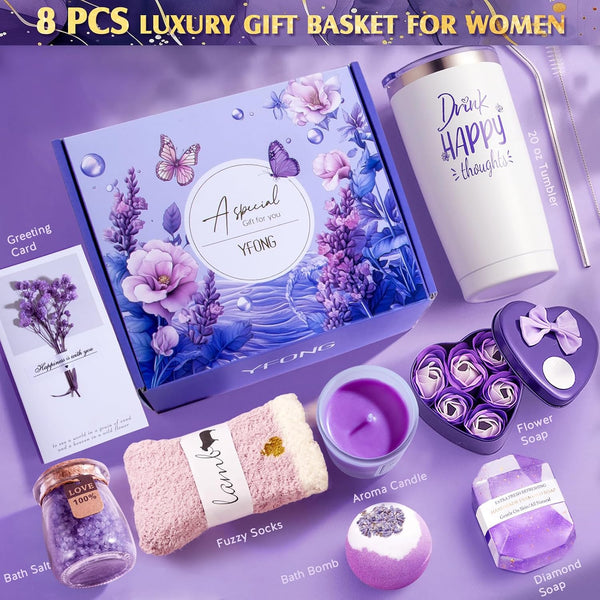 YFONG Spa Gifts for Women, Birthday Gifts for Women, Self Care Get Well Soon Gifts Basket for Mom, Wife, Girlfriend, Sister, Purple Gift Set for
